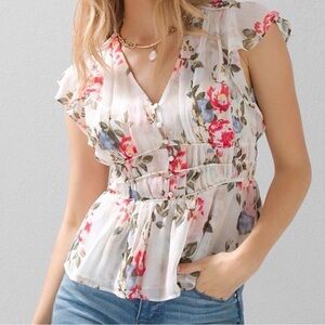 White House Black Market Floral V-Neck Peplum Blouse in White, Pink, Blue